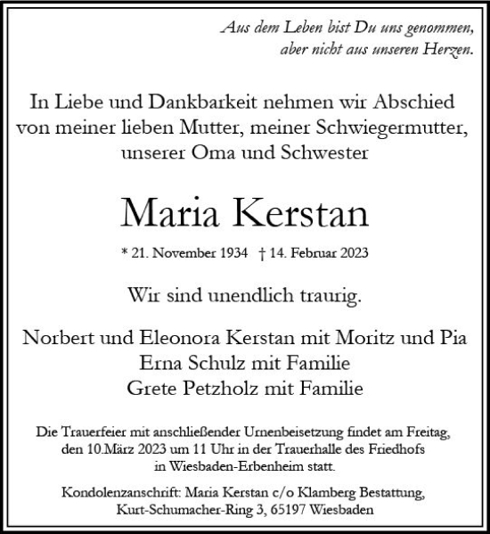 Traueranzeige von Maria Kerstan von Wiesbadener Kurier