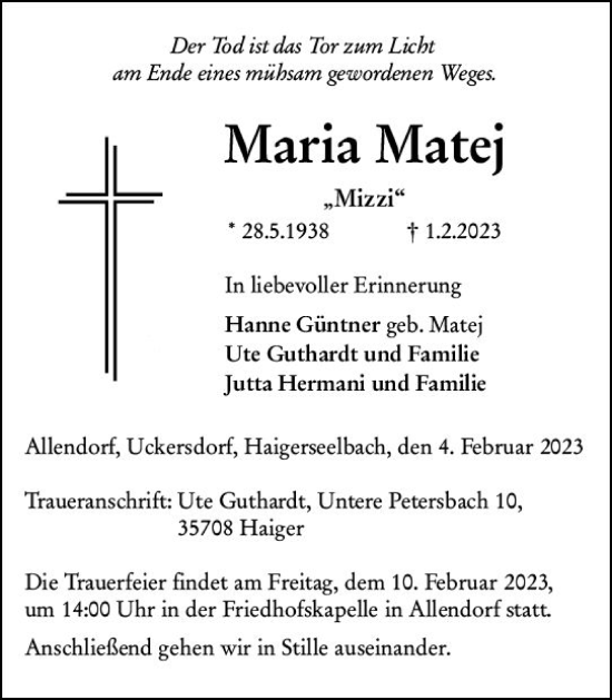 Traueranzeige von Maria Matej von Dill Block