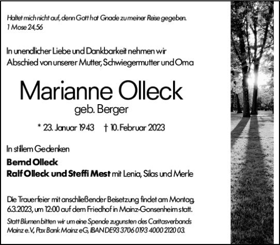 Traueranzeige von Marianne Olleck von Hochheimer Zeitung