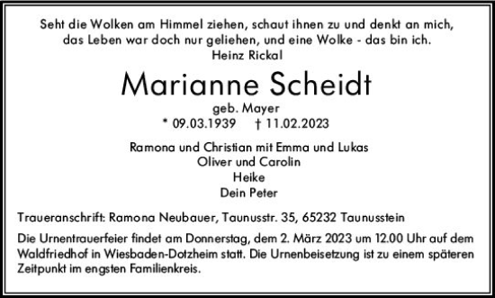 Traueranzeige von Marianne Scheidt von Wiesbadener Kurier