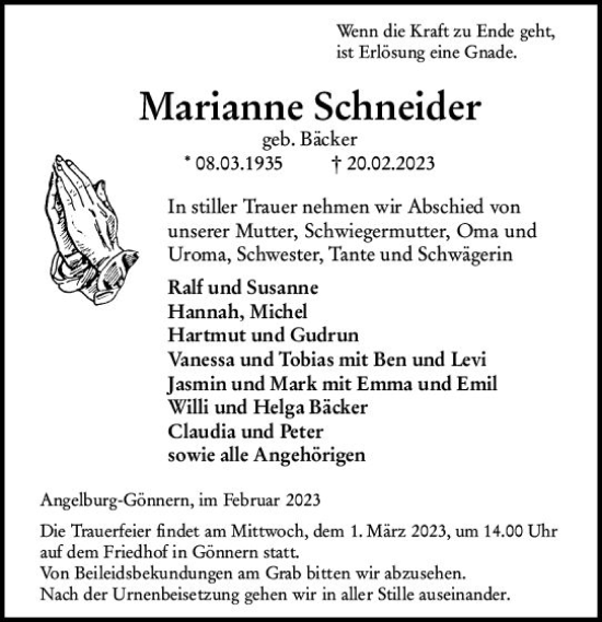 Traueranzeige von Marianne Schneider von Hinterländer Anzeiger