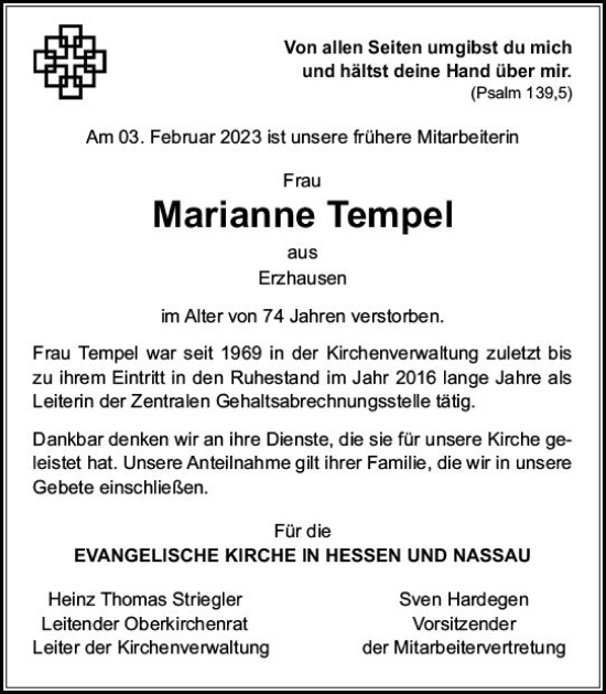Traueranzeige von Marianne Tempel von Darmstädter Echo