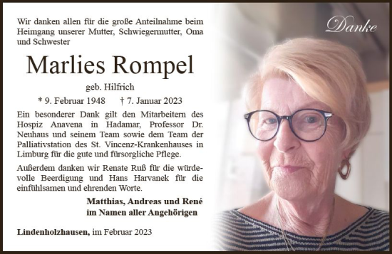 Traueranzeige von Marlies Rompel von Weilburger Tageblatt