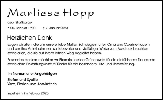 Traueranzeige von Marliese Hopp von Allgemeine Zeitung Ingelheim-Bingen