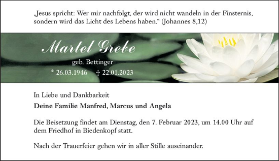 Traueranzeige von Martel Grebe von Hinterländer Anzeiger
