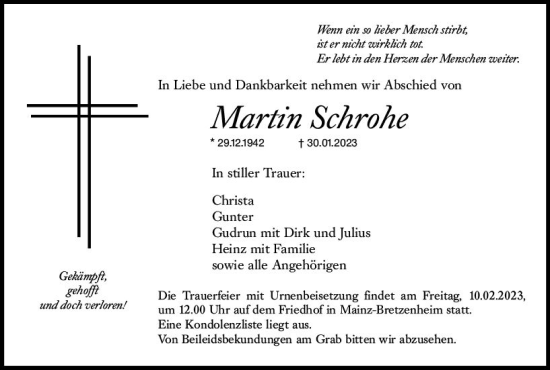 Traueranzeige von Martin Schrohe von Allgemeine Zeitung Mainz