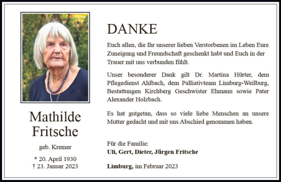 Traueranzeige von Mathilde Fritsche von Nassauische Neue Presse