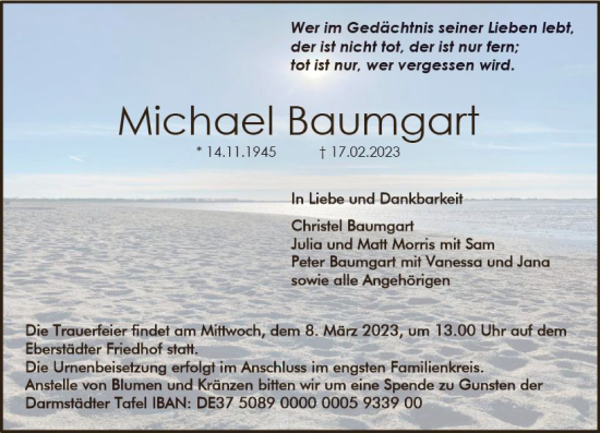 Traueranzeige von Michael Baumgart von Darmstädter Echo