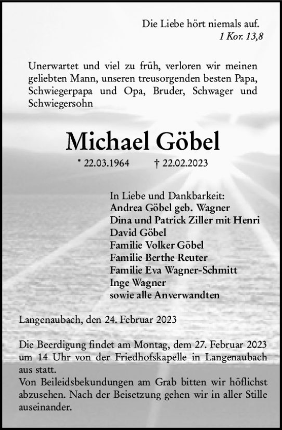 Traueranzeige von Michael Göbel von Dill Block