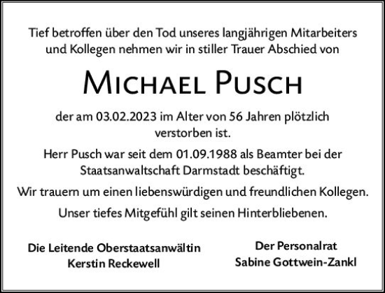 Traueranzeige von Michael Pusch von Bergsträßer Anzeiger