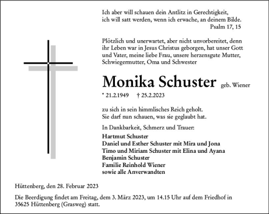 Traueranzeige von Monika Schuster von Wetzlarer Neue Zeitung