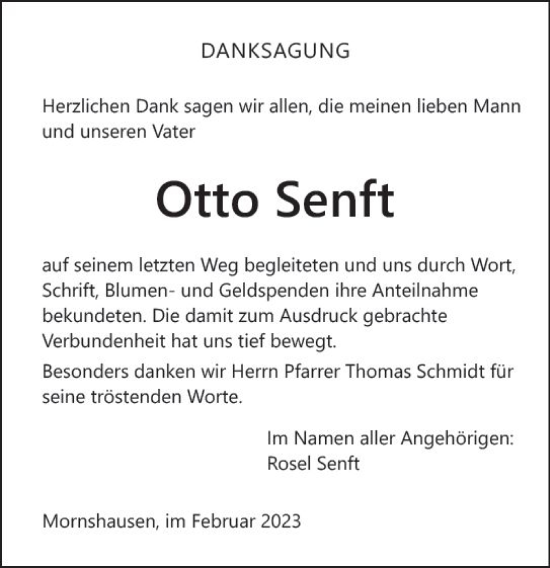 Traueranzeige von Otto Senft von Hinterländer Anzeiger