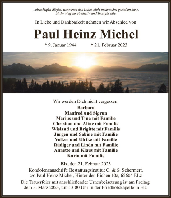 Traueranzeige von Paul Heinz Michel von Nassauische Neue Presse