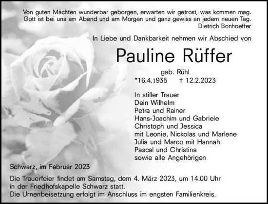 Traueranzeige von Pauline Rüffer von Oberhessen Kurier