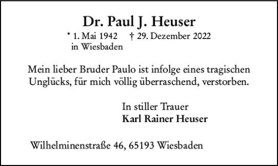 Traueranzeige von Paul J. Heuser von Wiesbadener Kurier