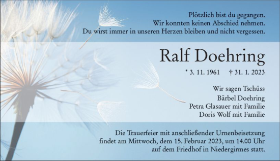 Traueranzeige von Ralf Doehring von Wetzlarer Neue Zeitung