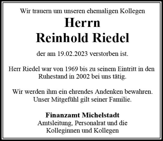 Traueranzeige von Reinhold Riedel von Odenwälder Echo