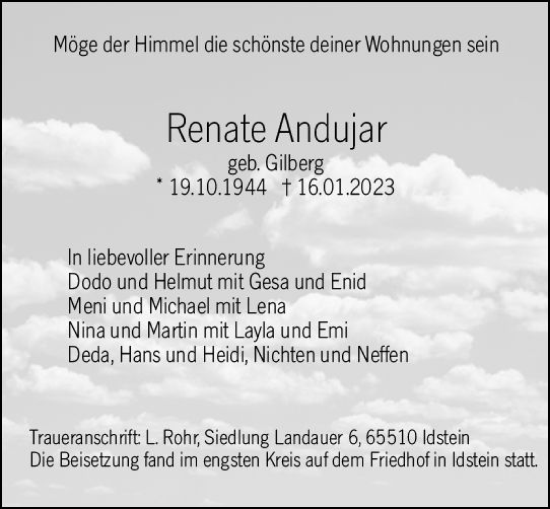 Traueranzeige von Renate Andujar von Idsteiner Land / Untertaunus Kurier