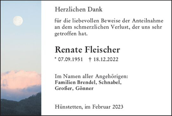 Traueranzeige von Renate Fleischer von Wiesbadener Kurier