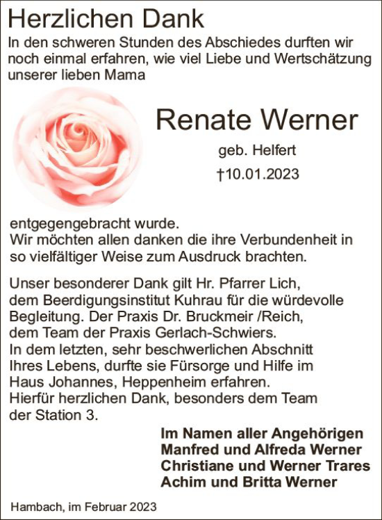 Traueranzeige von Renate Werner von Starkenburger Echo