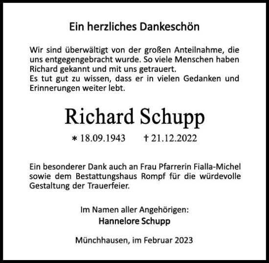 Traueranzeige von Richard Schupp von Dill Block