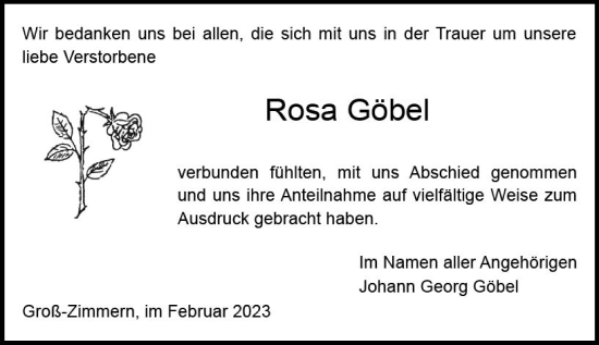 Traueranzeige von Rosa Göbel von DieburgerAnzeiger/Groß-Zimmerner Lokalanzeiger