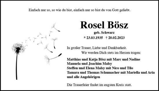 Traueranzeige von Rosel Bösz von Rheingau Kurier