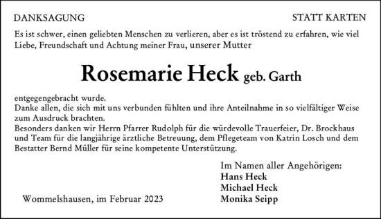 Traueranzeige von Rosemarie Heck von Hinterländer Anzeiger