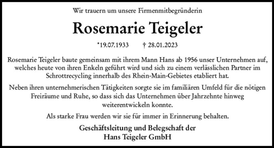 Traueranzeige von Rosemarie Teigeler von Wiesbadener Kurier gesamt