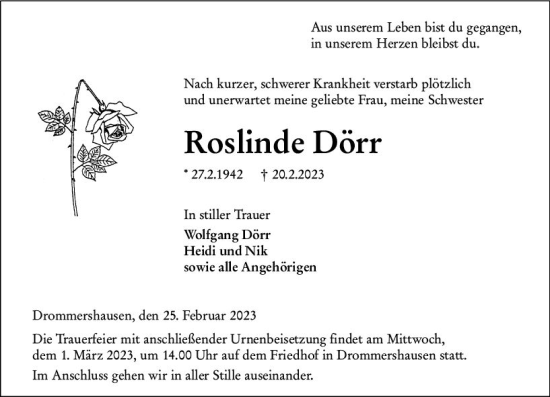 Traueranzeige von Roslinde Dörr von Weilburger Tageblatt