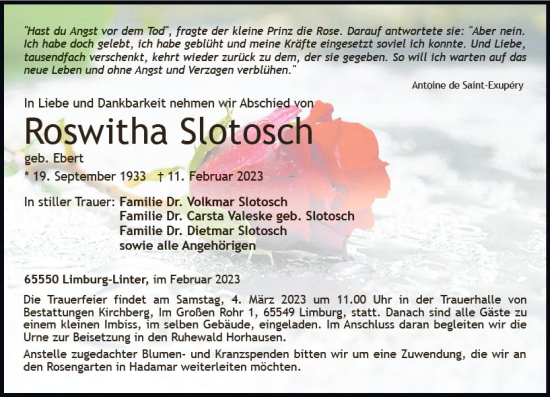 Traueranzeige von Roswitha Slotsch von Nassauische Neue Presse