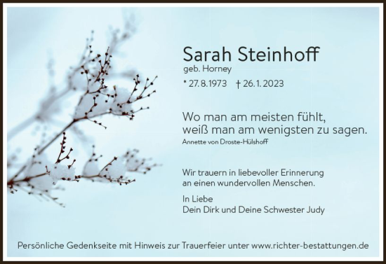 Traueranzeige von Sarah Steinhoff von Allgemeine Zeitung Mainz