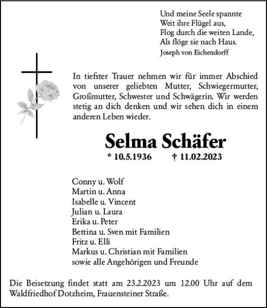 Traueranzeige von Selma Schäfer von Wiesbadener Kurier