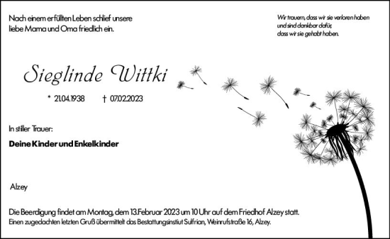Traueranzeige von Sieglinde Wittki von Allgemeine Zeitung Alzey