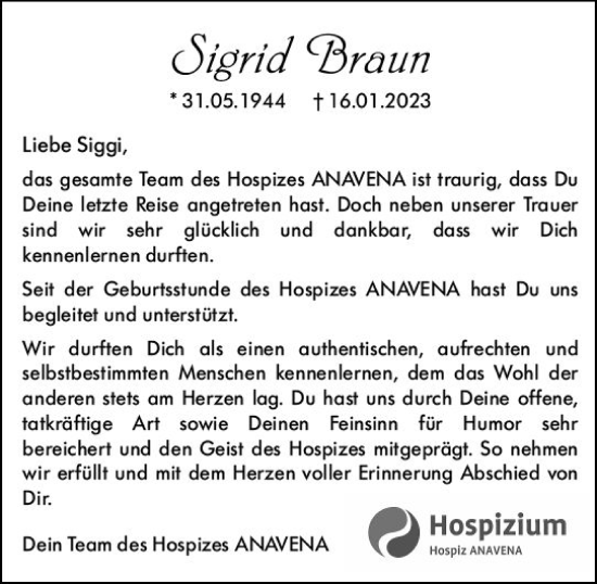 Traueranzeige von Sigrid Braun von Nassauische Neue Presse