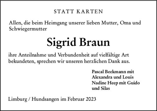Traueranzeige von Sigrid Braun von Nassauische Neue Presse