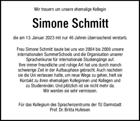 Traueranzeige von Simone Schmitt von Darmstädter Echo