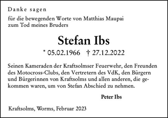 Traueranzeige von Stefan Ibs von Wetzlarer Neue Zeitung