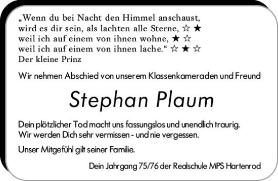 Traueranzeige von Stephan Plaum von Hinterländer Anzeiger
