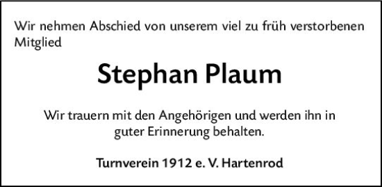 Traueranzeige von Stephan Plaum von Hinterländer Anzeiger