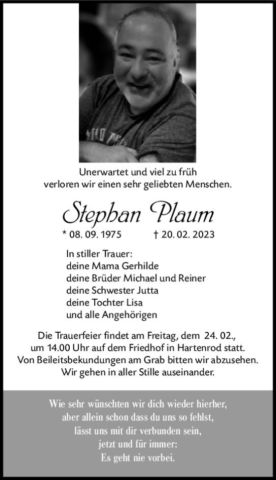 Traueranzeige von Stephan Plaum von Hinterländer Anzeiger