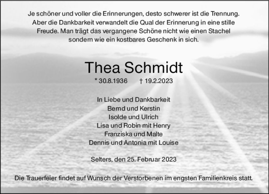 Traueranzeige von Thea Schmidt von Weilburger Tageblatt