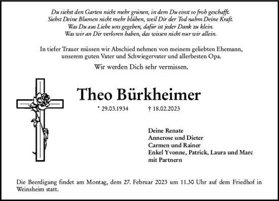 Traueranzeige von Theo Bürkheimer von Wormser Zeitung
