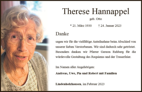 Traueranzeige von Therese Hannappel von Nassauische Neue Presse