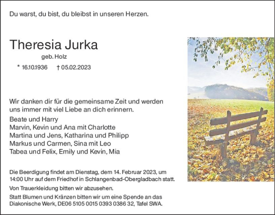 Traueranzeige von Theresia Jurka von Wiesbadener Kurier gesamt