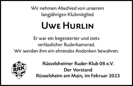 Traueranzeige von Uwe Hurlin von Rüsselsheimer Echo