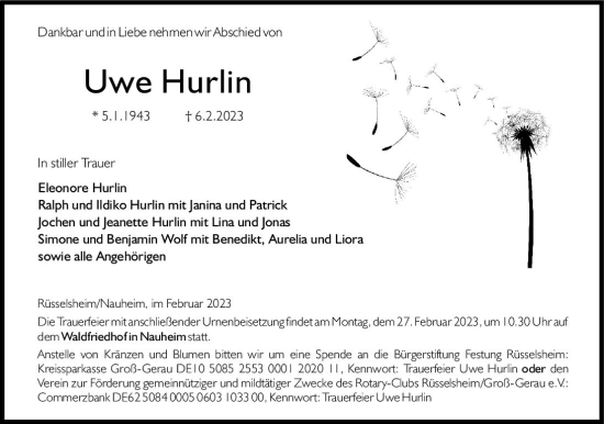 Traueranzeige von Uwe Hurlin von Rüsselsheimer Echo