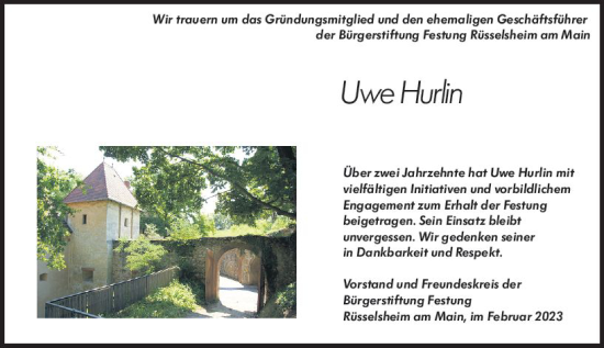 Traueranzeige von Uwe Hurlin von Rüsselsheimer Echo