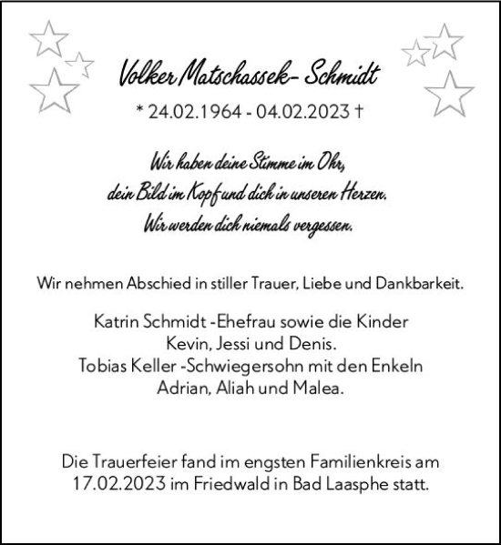 Traueranzeige von Voler Matschassek-Schmidt von Hinterländer Anzeiger
