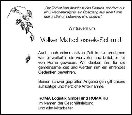 Traueranzeige von Volker Matschassek-Schmidt von Hinterländer Anzeiger